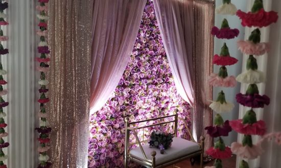 purple flower wall golden curtain